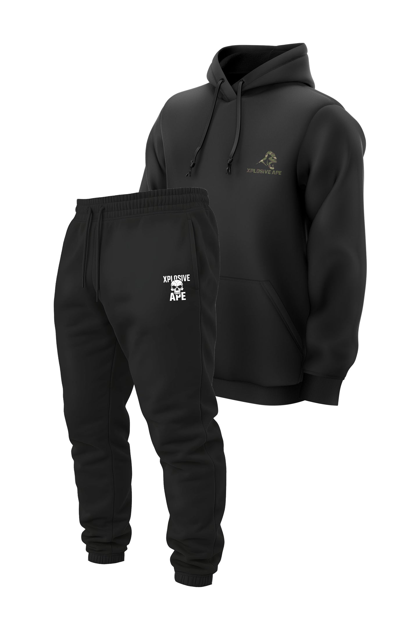 XAPE Essential Camo String Hoodie & Skull Force Joggers Combo - Black