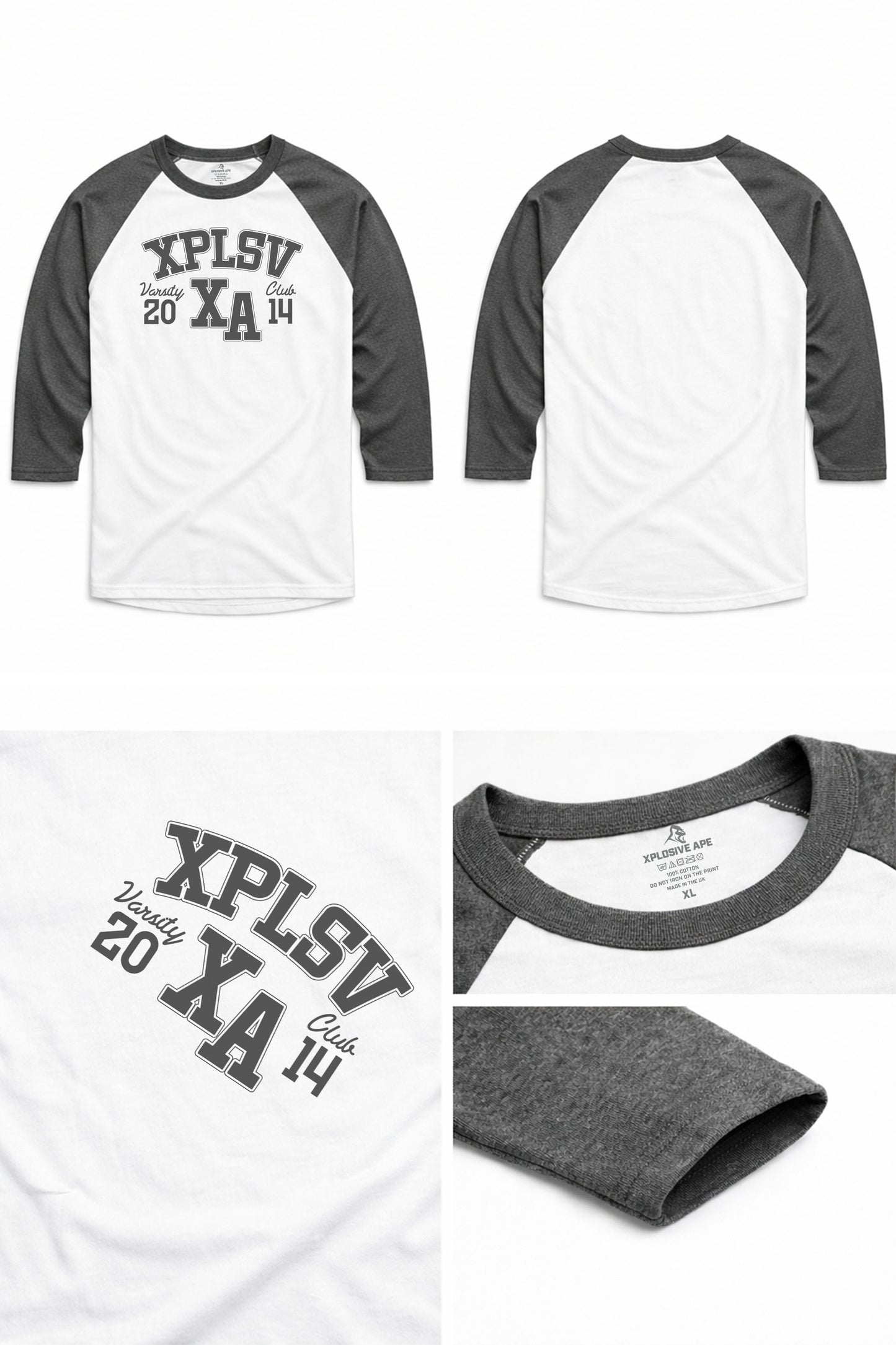 XAPE Speed Camp Raglan 3/4 Sleeve Tee - White/Dark Heather